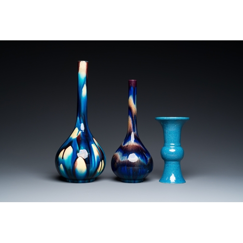 857 - Two Japanese flambe-glazed Awaji bottle vases and a Chinese robin's egg-glazed vase, 19/20th C.H.: 3... 