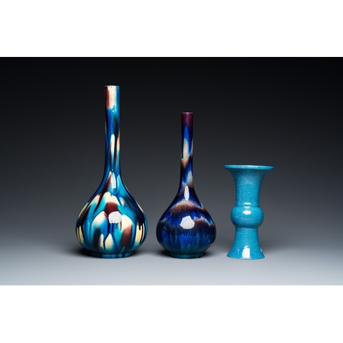 857 - Two Japanese flambe-glazed Awaji bottle vases and a Chinese robin's egg-glazed vase, 19/20th C.H.: 3... 