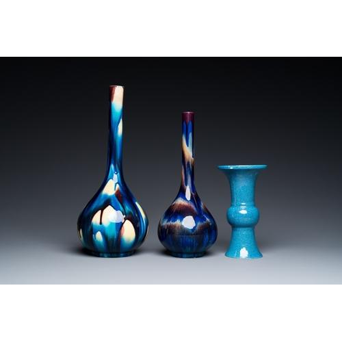 857 - Two Japanese flambe-glazed Awaji bottle vases and a Chinese robin's egg-glazed vase, 19/20th C.H.: 3... 