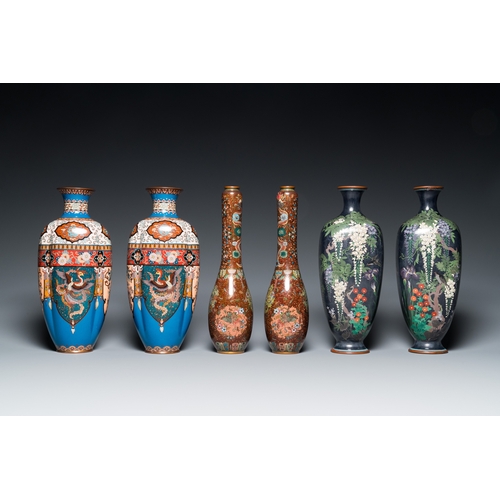 858 - Three pairs of Japanese cloisonne vases, Meiji, 19/20th C.H.: ca. 31 cm