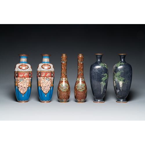 858 - Three pairs of Japanese cloisonne vases, Meiji, 19/20th C.H.: ca. 31 cm