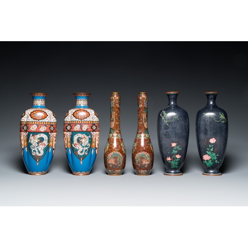 858 - Three pairs of Japanese cloisonne vases, Meiji, 19/20th C.H.: ca. 31 cm