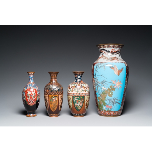 861 - Four Japanese cloisonne vases, Meiji, 19/20th C.H.: 40 cm (the tallest)H.: 24,5 cm (the smallest)... 