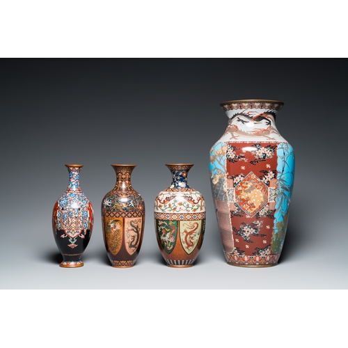 861 - Four Japanese cloisonne vases, Meiji, 19/20th C.H.: 40 cm (the tallest)H.: 24,5 cm (the smallest)... 