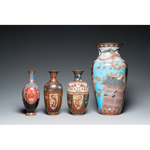 861 - Four Japanese cloisonne vases, Meiji, 19/20th C.H.: 40 cm (the tallest)H.: 24,5 cm (the smallest)... 