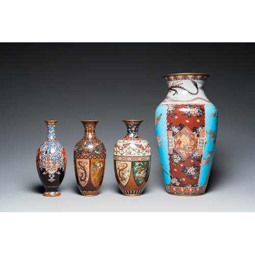 861 - Four Japanese cloisonne vases, Meiji, 19/20th C.H.: 40 cm (the tallest)H.: 24,5 cm (the smallest)... 