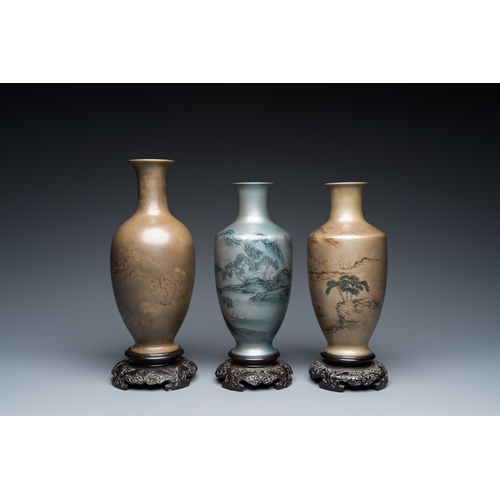 874 - Three Chinese Fuzhou or Foochow lacquer 'landscape' vases on stands, 2nd half 20th C.H.: 27 cm (the ... 