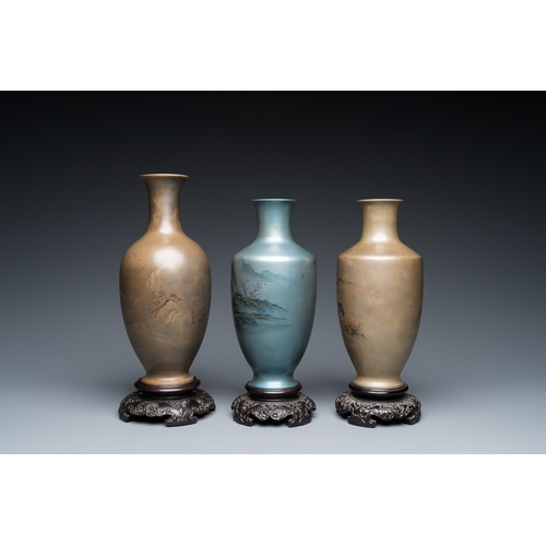 874 - Three Chinese Fuzhou or Foochow lacquer 'landscape' vases on stands, 2nd half 20th C.H.: 27 cm (the ... 