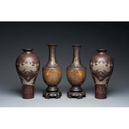 875 - Two pairs of Chinese Fuzhou or Foochow lacquer 'dragon' vases on stands, 19/20th C.H.: 33 cm (the ta... 