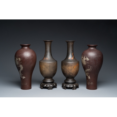 875 - Two pairs of Chinese Fuzhou or Foochow lacquer 'dragon' vases on stands, 19/20th C.H.: 33 cm (the ta... 