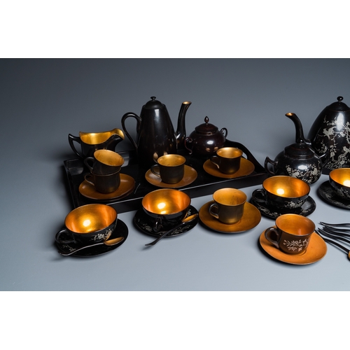 877 - Two Chinese black Fuzhou or Foochow lacquer coffee services on trays, RepublicDim.: 43,5 x 26 cm (th... 