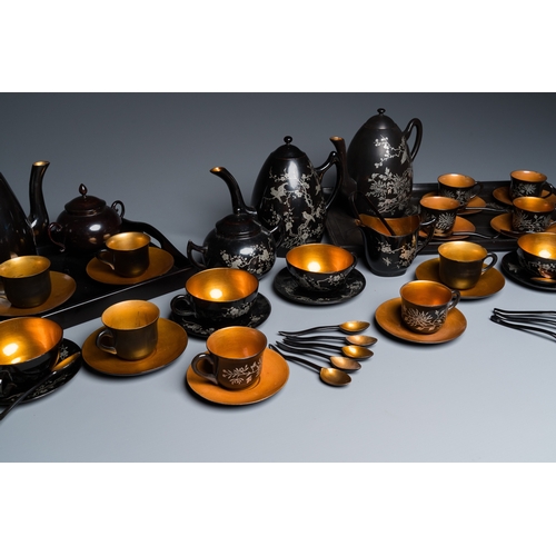 877 - Two Chinese black Fuzhou or Foochow lacquer coffee services on trays, RepublicDim.: 43,5 x 26 cm (th... 