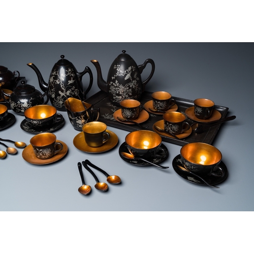 877 - Two Chinese black Fuzhou or Foochow lacquer coffee services on trays, RepublicDim.: 43,5 x 26 cm (th... 