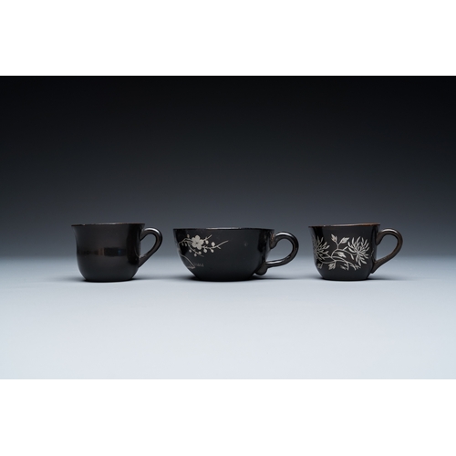 877 - Two Chinese black Fuzhou or Foochow lacquer coffee services on trays, RepublicDim.: 43,5 x 26 cm (th... 