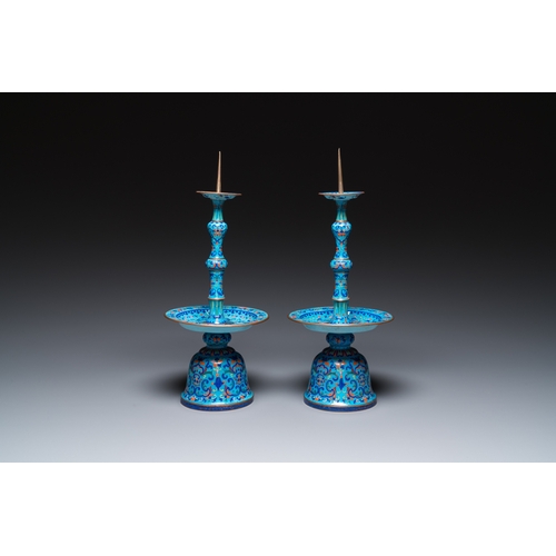 885 - A pair of Chinese light-blue-ground Canton enamel candlesticks, YongzhengH.: 34 cm