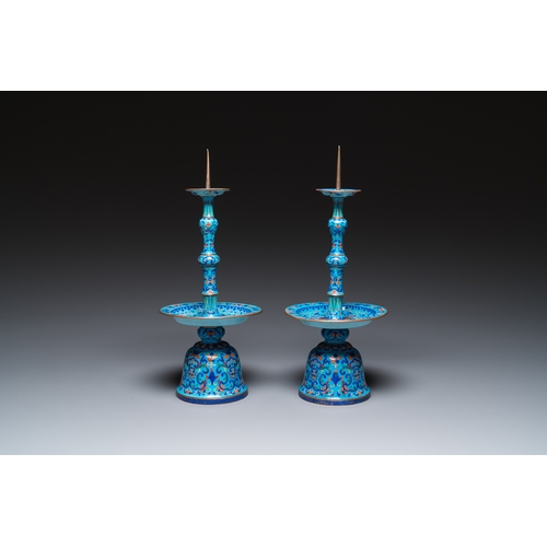 885 - A pair of Chinese light-blue-ground Canton enamel candlesticks, YongzhengH.: 34 cm