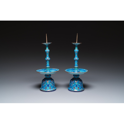 885 - A pair of Chinese light-blue-ground Canton enamel candlesticks, YongzhengH.: 34 cm