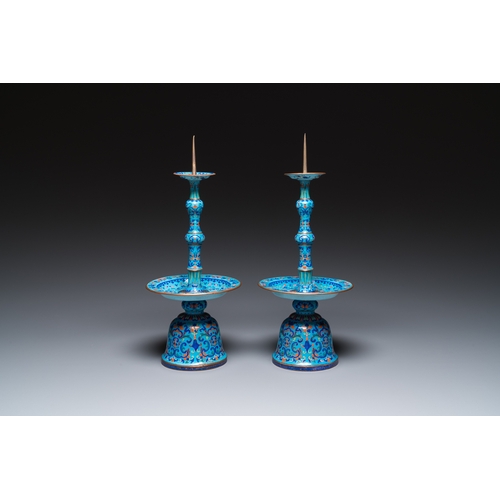 885 - A pair of Chinese light-blue-ground Canton enamel candlesticks, YongzhengH.: 34 cm