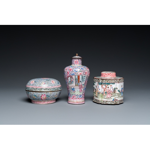 894 - A Chinese Canton enamel covered vase, a covered bowl and a tea caddy, QianlongH.: 14,5 cn (the vase)... 