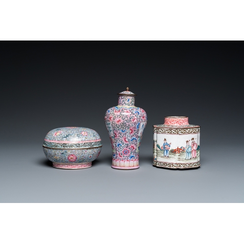 894 - A Chinese Canton enamel covered vase, a covered bowl and a tea caddy, QianlongH.: 14,5 cn (the vase)... 