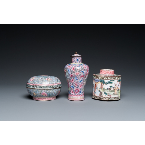 894 - A Chinese Canton enamel covered vase, a covered bowl and a tea caddy, QianlongH.: 14,5 cn (the vase)... 