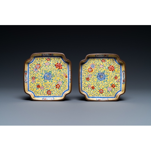 900 - A pair of Chinese Canton enamel yellow-ground dishes, Qianlong mark, 18/19th C.L.: 9 cm... 