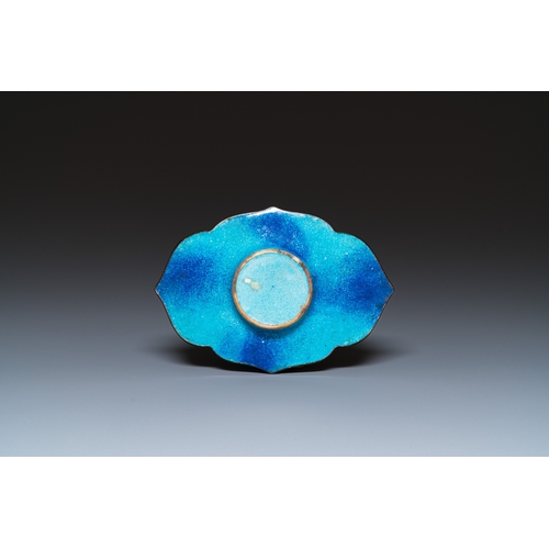 906 - A Chinese blue-ground Canton enamel covered bowl on stand, QianlongDim.: 16 x 11 cm (the stand) H.: ... 