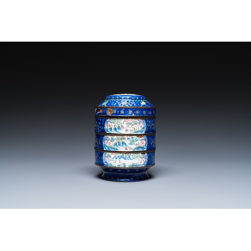 909 - Four Chinese blue-ground Canton enamel wares, Qianlong/JiaqingH.: 41 cm (the vase)H.: 29,5 cm (the c... 