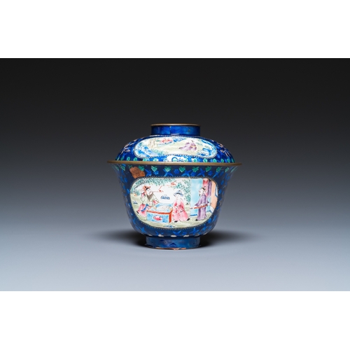 909 - Four Chinese blue-ground Canton enamel wares, Qianlong/JiaqingH.: 41 cm (the vase)H.: 29,5 cm (the c... 