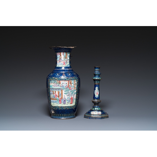 909 - Four Chinese blue-ground Canton enamel wares, Qianlong/JiaqingH.: 41 cm (the vase)H.: 29,5 cm (the c... 