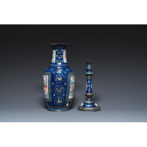 909 - Four Chinese blue-ground Canton enamel wares, Qianlong/JiaqingH.: 41 cm (the vase)H.: 29,5 cm (the c... 