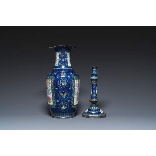 909 - Four Chinese blue-ground Canton enamel wares, Qianlong/JiaqingH.: 41 cm (the vase)H.: 29,5 cm (the c... 