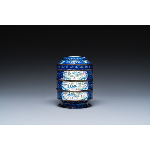 909 - Four Chinese blue-ground Canton enamel wares, Qianlong/JiaqingH.: 41 cm (the vase)H.: 29,5 cm (the c... 