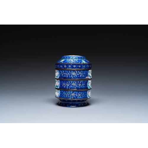 909 - Four Chinese blue-ground Canton enamel wares, Qianlong/JiaqingH.: 41 cm (the vase)H.: 29,5 cm (the c... 