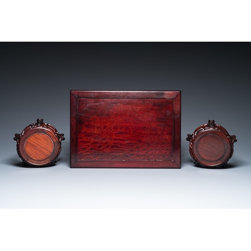 915 - Five Chinese well-carved wooden stands, 20th C.Dim.: 45,5 x 32 x 16,5 cm (the rectangular stand)Dim.... 