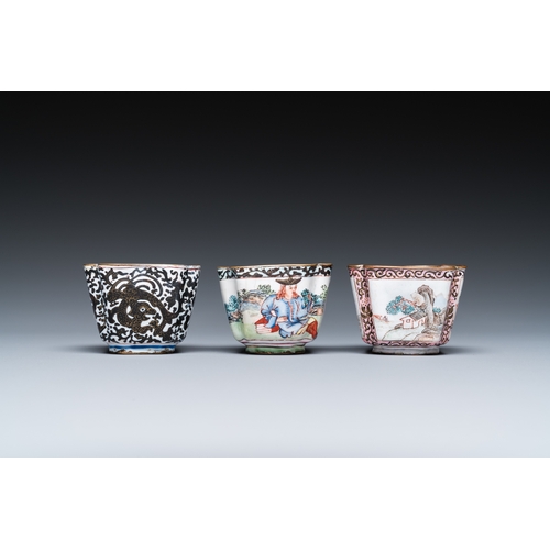 936 - Three Chinese Canton enamel cups and two saucers, QianlongDim.: 9,5 x 9,5 cm (the saucer) Dim.: 4,5 ... 