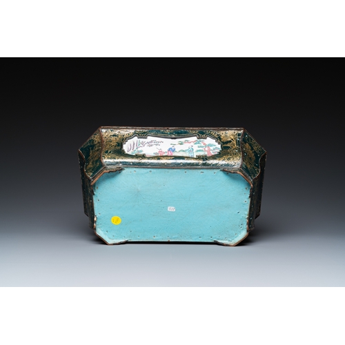 938 - A Chinese Canton enamel gilt-decorated dark-green-ground jardiniere with four inserted plaques, Qian... 