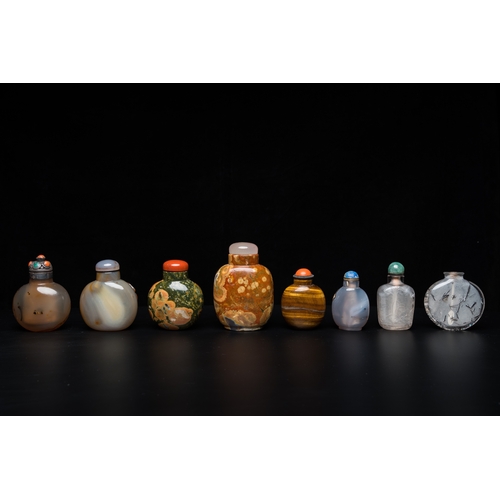 970 - Eight Chinese agate, hardstone and quartz snuff bottles, 19/20th C.H.: 9 cm (the tallest)... 