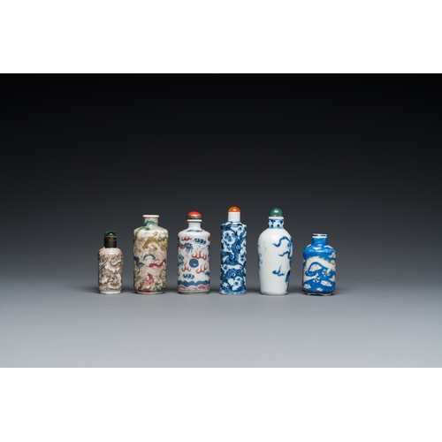 978 - Six Chinese snuff bottles with dragons and Buddhist lions, 19/20th C.H.: 8,5 cm (the tallest)... 