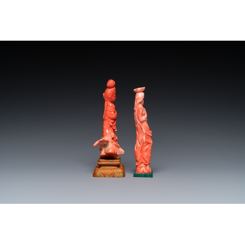 990 - Two Chinese red coral figures of standing ladies, 19/20th C.H.: 13 cm (the tallest carving, incl. st... 