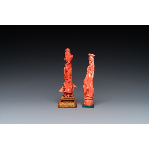 990 - Two Chinese red coral figures of standing ladies, 19/20th C.H.: 13 cm (the tallest carving, incl. st... 