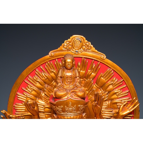 1002 - A large Vietnamese red-and-gilt-lacquered wood sculpture of Avalokitesvara with 18 arms, 19/20th C.H... 