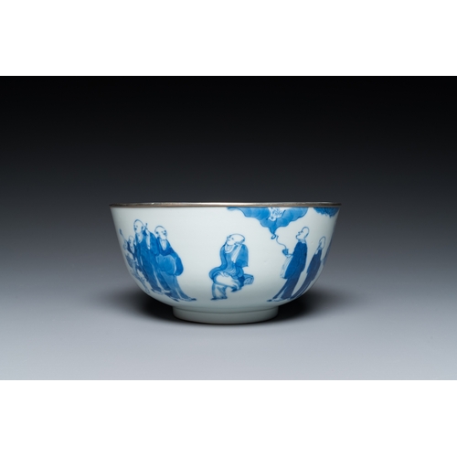 1008 - A Chinese blue and white 'Bleu de Hue' bowl with eighteen luohans for the Vietnamese market, Nei Fu ... 