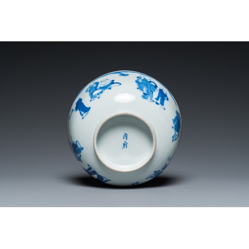 1008 - A Chinese blue and white 'Bleu de Hue' bowl with eighteen luohans for the Vietnamese market, Nei Fu ... 