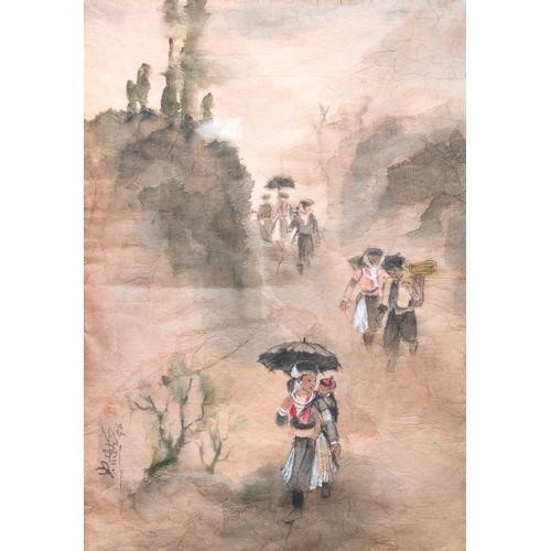 1017 - Pham Minh Duc (Vietnam, 20th C.): Four various landscapes with figures, ink and colour on paperDim.:... 