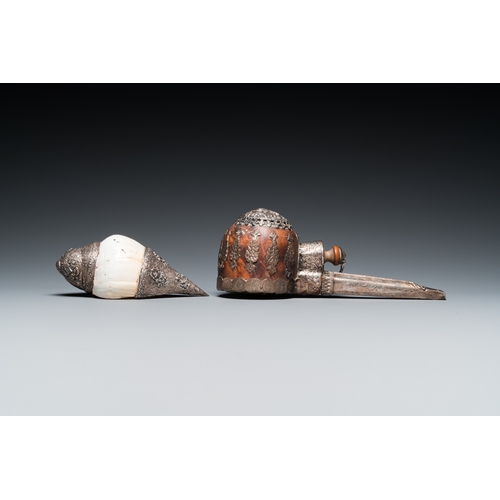 1019 - Five Tibetan ritual objects in copper, silver, jade and wood, 19/20th C.L.: 29,5 cm - H.: 27 cm (the... 