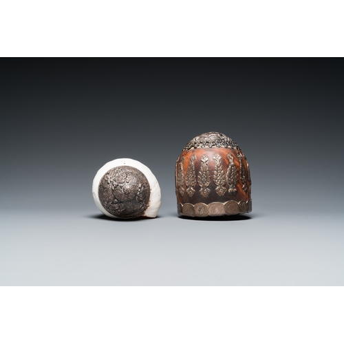 1019 - Five Tibetan ritual objects in copper, silver, jade and wood, 19/20th C.L.: 29,5 cm - H.: 27 cm (the... 