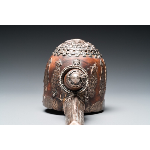 1019 - Five Tibetan ritual objects in copper, silver, jade and wood, 19/20th C.L.: 29,5 cm - H.: 27 cm (the... 