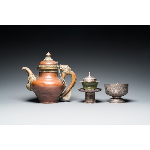 1019 - Five Tibetan ritual objects in copper, silver, jade and wood, 19/20th C.L.: 29,5 cm - H.: 27 cm (the... 