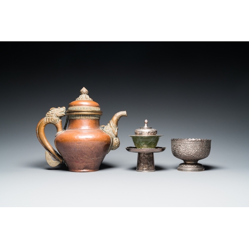 1019 - Five Tibetan ritual objects in copper, silver, jade and wood, 19/20th C.L.: 29,5 cm - H.: 27 cm (the... 